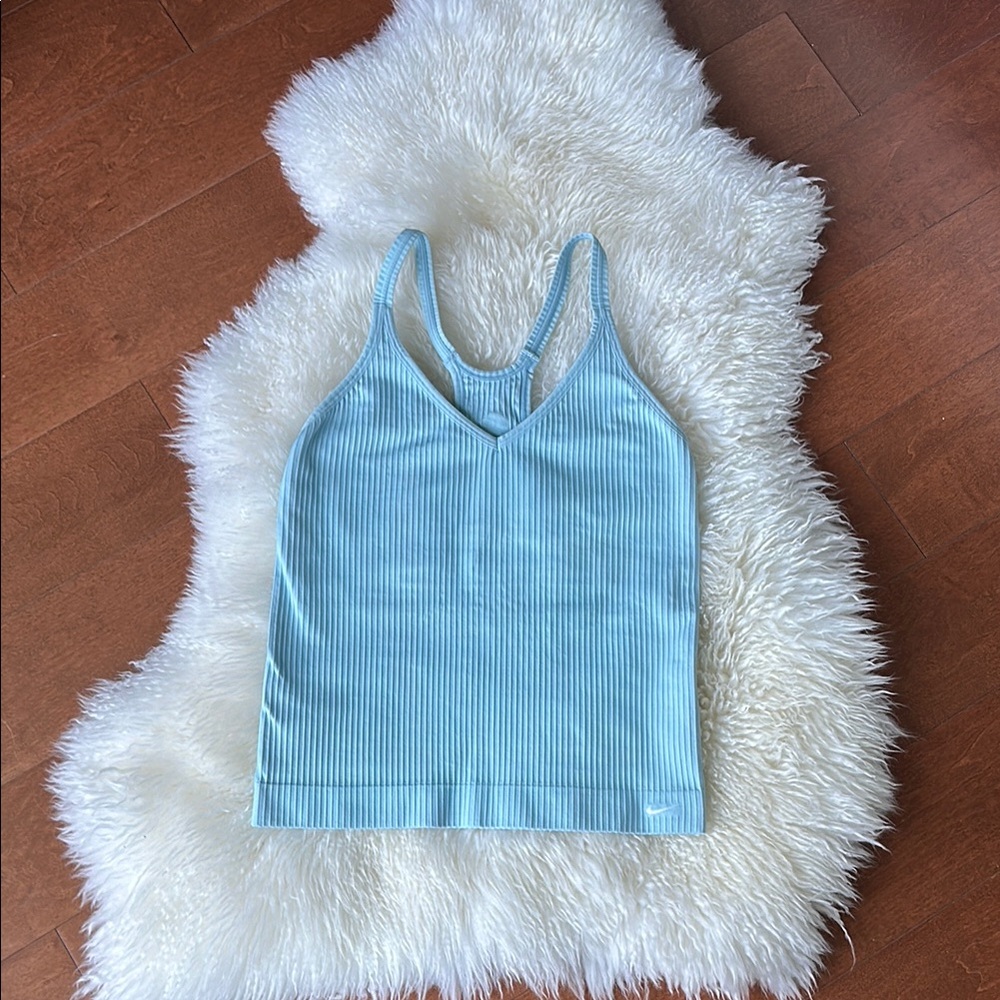 NIKE Size Small Baby Blue Ribbed Tank Top with Bra Fitness Sports Tennis Gym